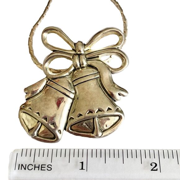 Vintage Christmas Bells Necklace Brooch Pin Pendant 24" Silver Plated Estate MJ - Picture 10 of 11